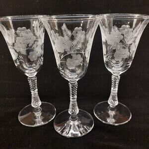 Set of 3 Vtg LIBBEY ROCK SHARPE 3007 Crystal Wine Water Goblets Etched Floral
